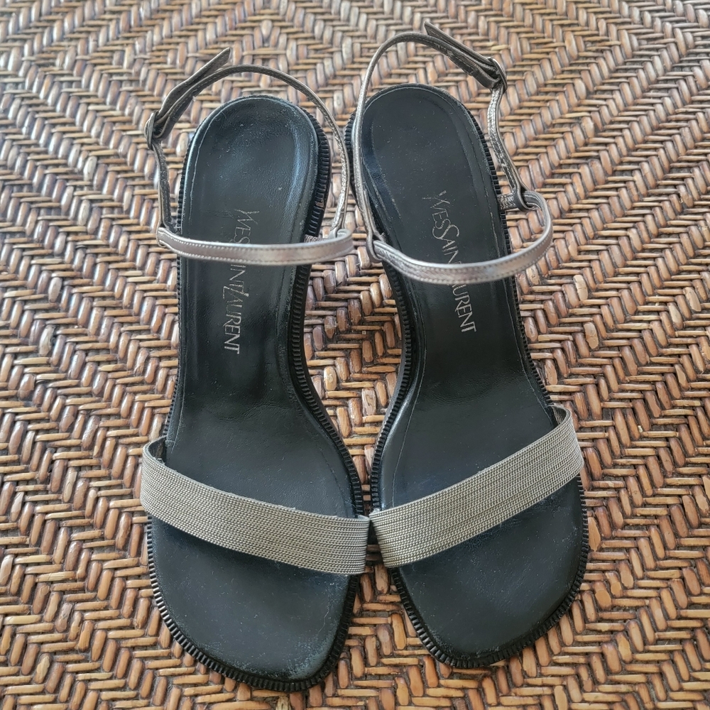 Yves Saint Laurent Silver Chain Strappy Metallic Leather Sandals